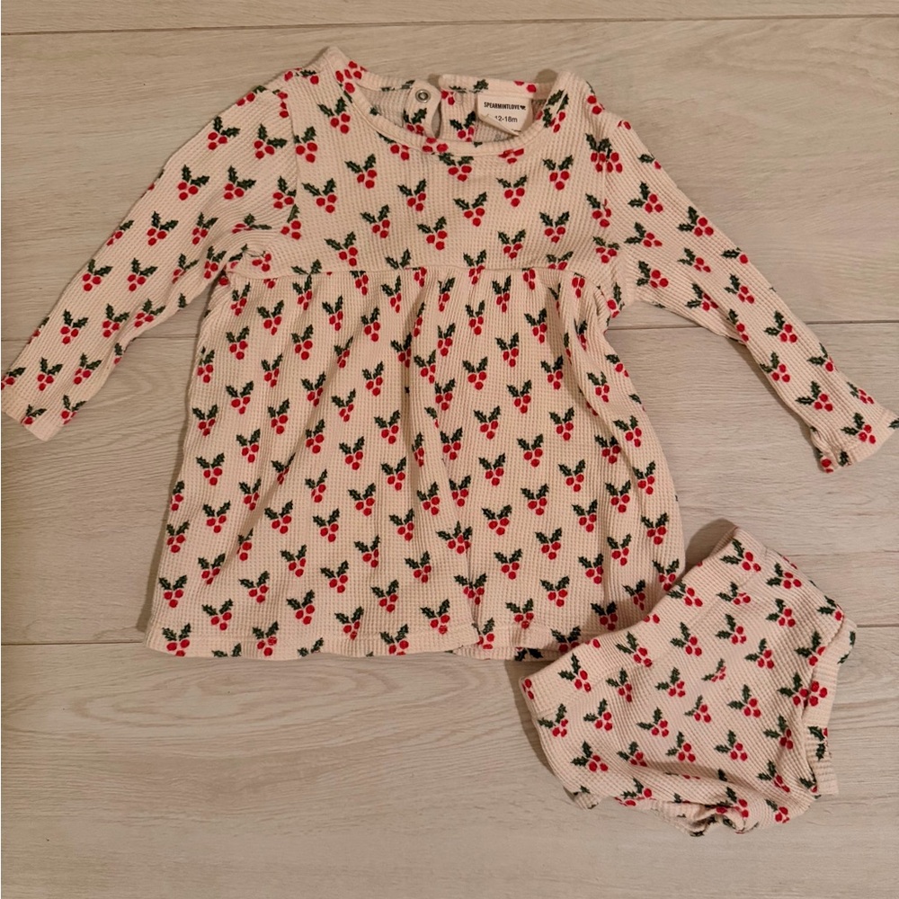 Spearmint love organic waffle simple dress & bloomer, holly. Worn once. 12-18 mo